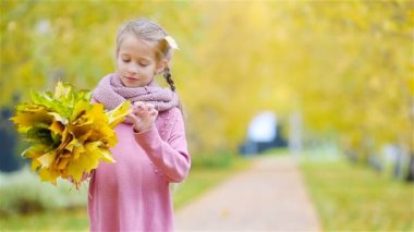 Güzel bir sonbahar gününde, sarı ve turuncu yapraklı sevimli küçük bir kızın portresi.