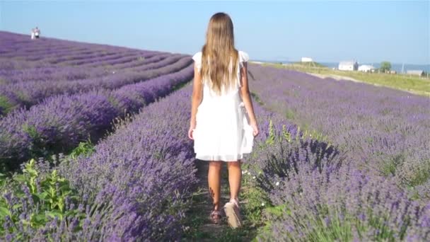 Vrouw in lavendel bloemen veld bij zonsondergang in witte jurk en hoed — Stockvideo