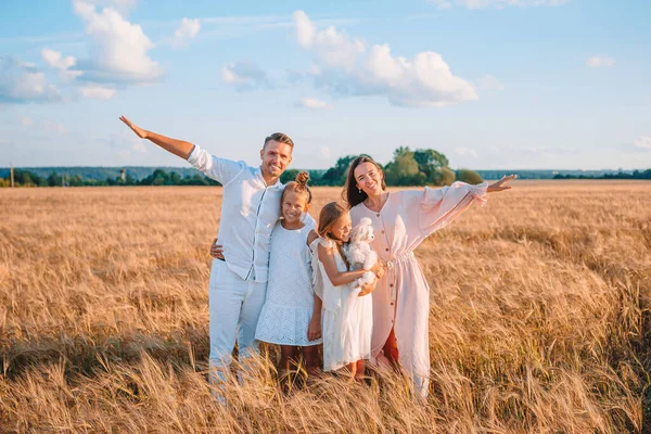 Szczęśliwa rodzina gra na polu pszenicy — Zdjęcie stockowe