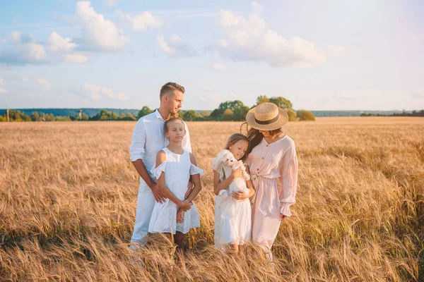 Happy family playing in a wheat field — Stock Photo, Image