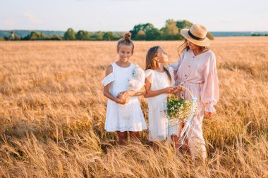 Mutlu aile buğday tarlasında oynuyor.
