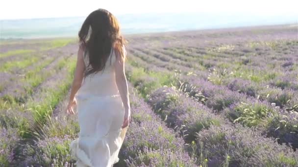 Женщина в лавандовых цветочных полях на закате в белом платье и шляпе — стоковое видео
