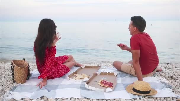 Familj som har picknick på stranden — Stockvideo