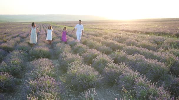 Сім'я з чотирьох на полі квітів лаванди — стокове відео