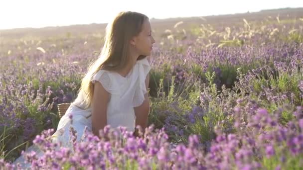 Mulher no campo de flores de lavanda ao pôr do sol em vestido branco e chapéu — Vídeo de Stock