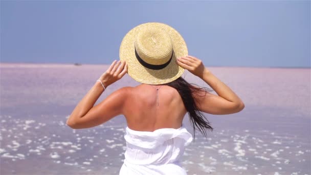 Woman in hat walk on a pink salt lake on a sunny summer day. — Stock Video
