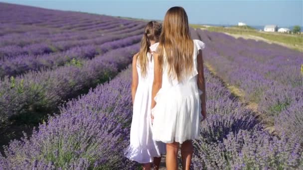 Meninas no campo de flores de lavanda ao pôr do sol em vestido branco — Vídeo de Stock