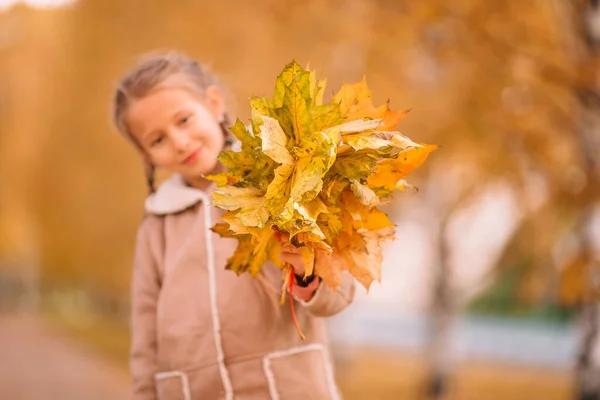 Portrait d'adorable petite fille à l'extérieur lors d'une belle journée chaude avec des feuilles jaunes en automne — Photo