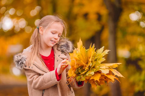 Portrait d'adorable petite fille à l'extérieur lors d'une belle journée chaude avec des feuilles jaunes en automne — Photo