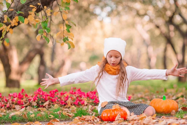 Piccola ragazza adorabile con zucca all'aperto in una calda giornata autunnale. — Foto Stock