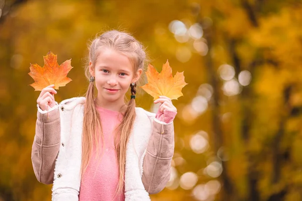 Portrait d'adorable petite fille avec bouquet de feuilles jaunes à l'automne — Photo