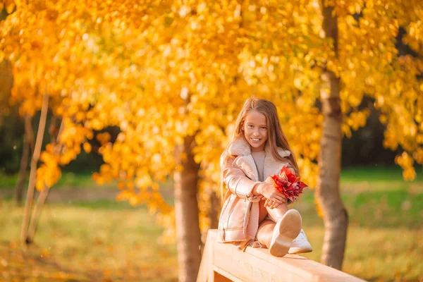 Portrait of adorable little girl with yellow leaves bouquet in fall — Stock Photo, Image