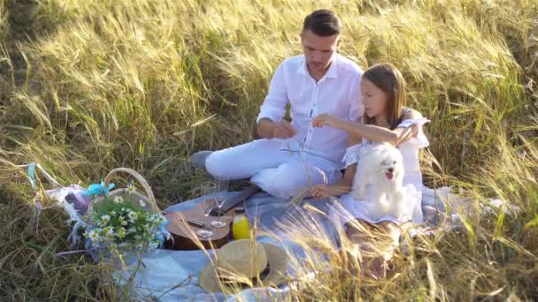 Щаслива сім'я грає на пшеничному полі — стокове відео