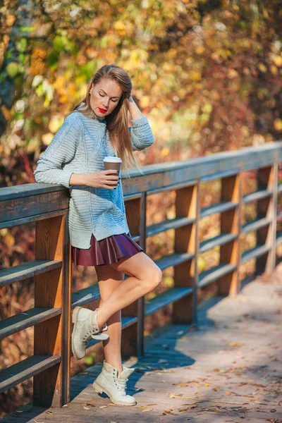 Concetto di caduta - bella donna in parco di autunno sotto fogliame di caduta — Foto Stock