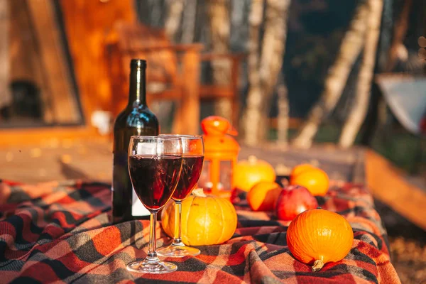 Pumpkins and bottle of red wine with two glasses on the blanket — Stock Photo, Image