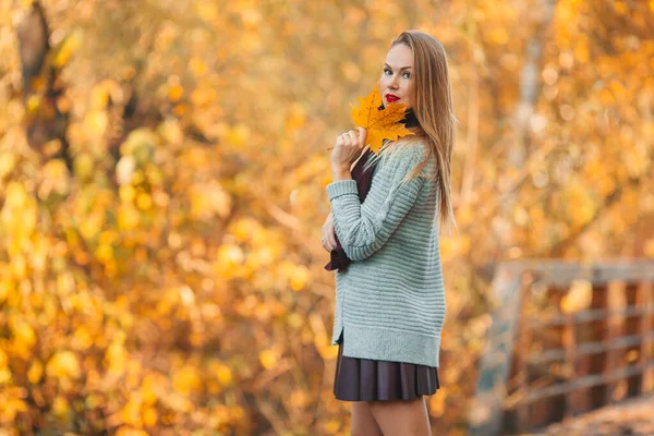 Bella donna nel parco autunnale sotto fogliame autunno — Foto Stock