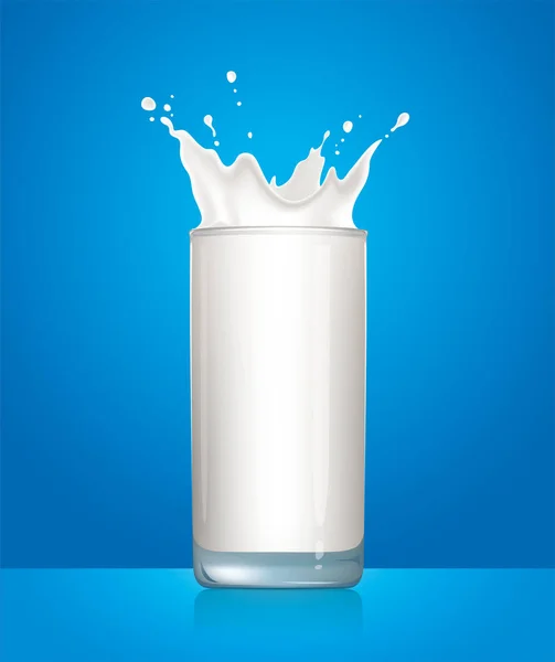 Latte spruzzato in vetro, illustrazione vettoriale su sfondo blu . Illustrazione Stock
