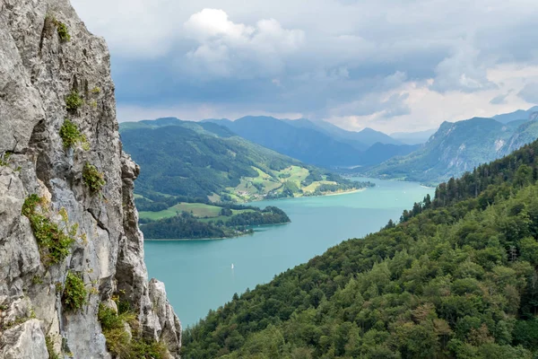Letecký Pohled Drachenwand Ferrata Klettersteig Trasy Nad Jezero Mondsee Rakousku — Stock fotografie