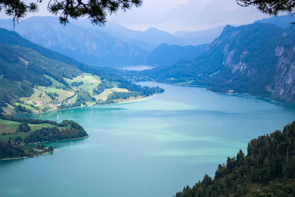 Lago Mondsee Austria Vista Aérea Desde Cordillera Drachenwand Mostrando Aguas —  Fotos de Stock
