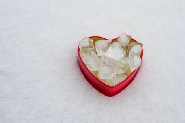 Minimalist Setup Red Heart Shaped Box Snow Background Abstract Concept — Stock Photo, Image