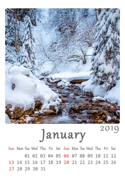 Druckbarer Kalender 2019 Monat Januar Natur Minimalistischer Kalender — Stockfoto