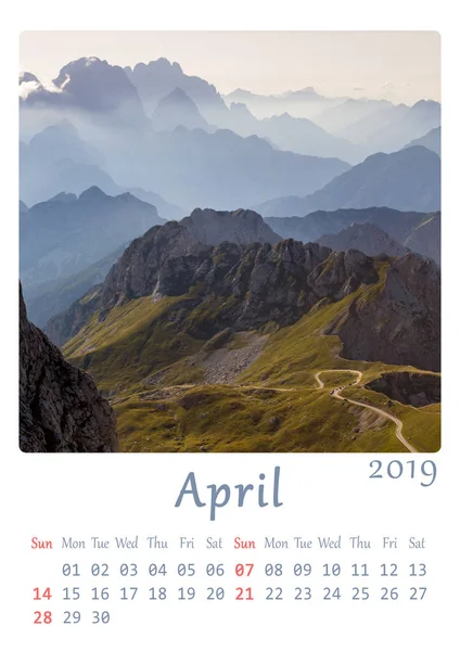 Calendário Imprimível 2019 Mês Abril Natureza Calendário Minimalista — Fotografia de Stock