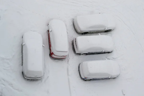 Pět Zaparkovaných Aut Pokryté Sněhem Během Zimní Vánice Těžká Bouře — Stock fotografie