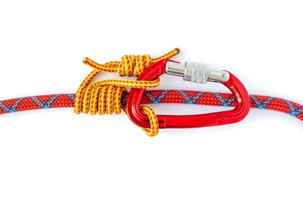 Autoblock (Machard or French Prusik) knot, with a locked carabiner, isolated on white background. Friction hitch that can slide while unloaded, but locks when loaded. Commonly used to back up belays. — 图库照片