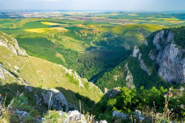 Hili'nin Mağarası'nda Sky Fly ekibi tarafından inşa edilen ferrata yolunun sonunda, Turda Geçidi'ndeki (Cheile Turzii) bir dağ zirvesinden panorama/havadan manzara. Transilvanya'da peyzaj ve yeşil alanlar.
