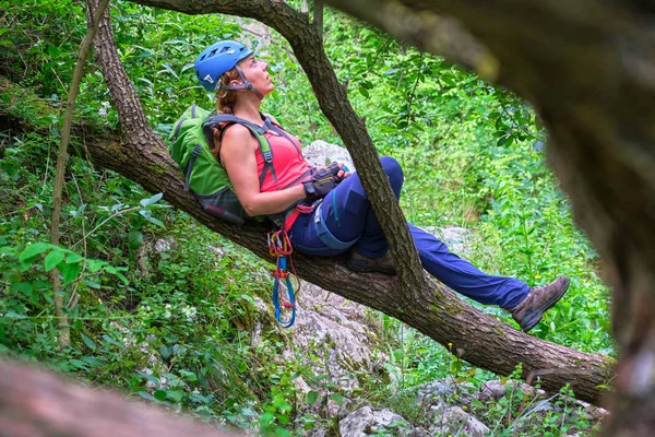 Mujer Montañista Con Casco Azul Descansando Sobre Una Rama Árbol —  Fotos de Stock