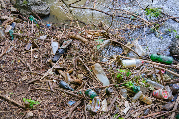 Турени, Румыния - 24 июня 2019 года: Загрязнение реки пластиковыми бутылками и человеческим мусором / мусором в ущелье Турени-Копачени, округ Клуж, Румыния
.