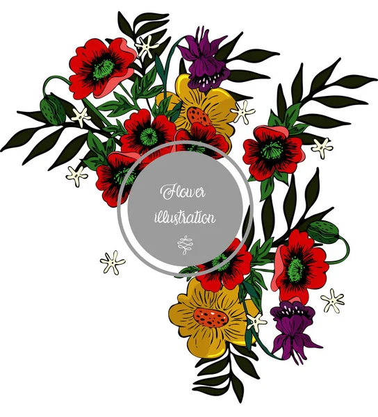 Floral illustratie met papavers rond grijs frame vector afbeelding — Stockvector