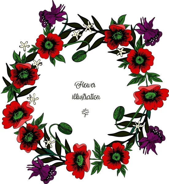 Webwreath van papavers en andere bloemen vectorillustratie — Stockvector