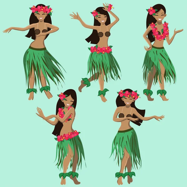 Hawaiano dibujos animados niñas bailando hula vector de imagen — Vector de stock