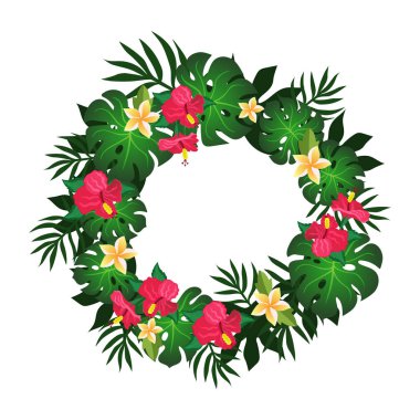dairesel çerçeve tropikal çiçek ve bitki öğesi tasarım vektör görüntü