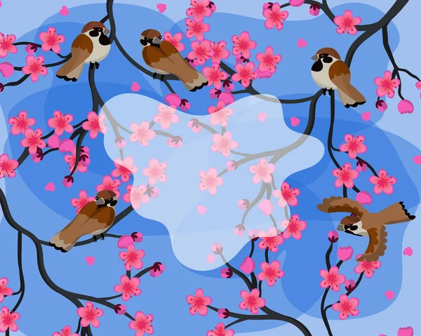 Барвистий весняний фон з горобцями, що сидять на гілках сакури вектор — стоковий вектор
