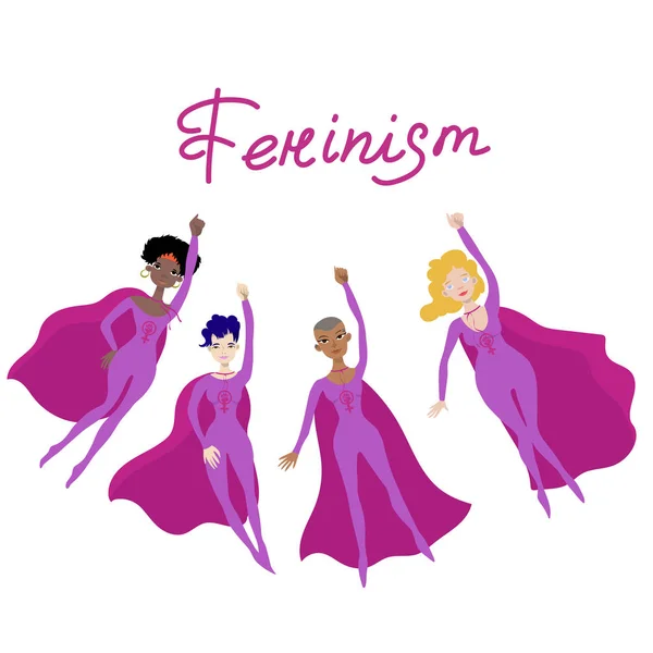 Feministische poster met vier vrouwelijke superheroines vector — Stockvector