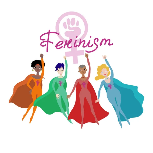 Feministische poster met vier vrouwelijke superheroines vector — Stockvector