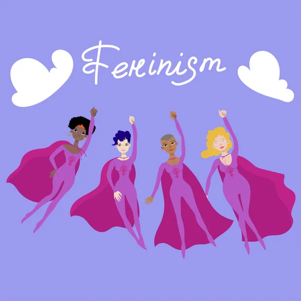 Cartaz feminista com quatro vetor de super-heroínas femininas —  Vetores de Stock