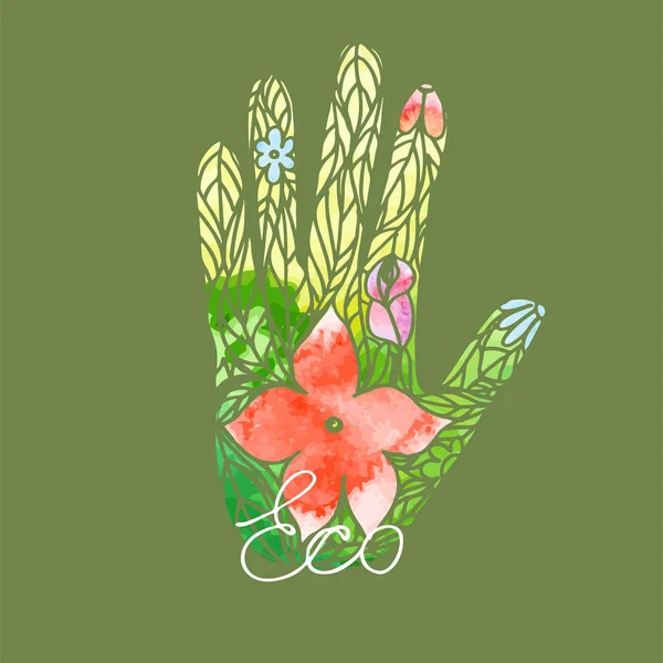 葉と花の生態学的な魅力のベクトルから成るロゴ手 — ストックベクタ