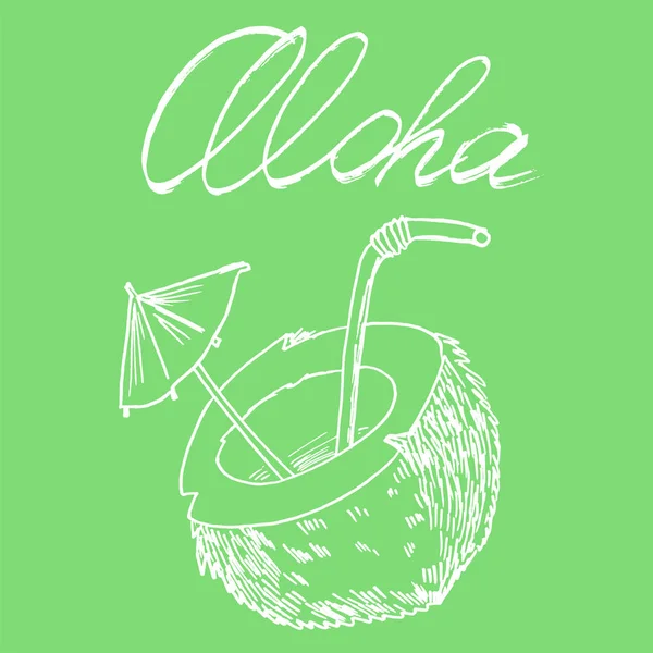 Inscrição branca de coco e aloha na imagem vetorial de fundo verde — Vetor de Stock
