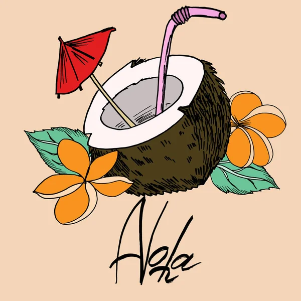 Noix de coco et aloha inscription contour noir et couleur remplissage image vectorielle — Image vectorielle