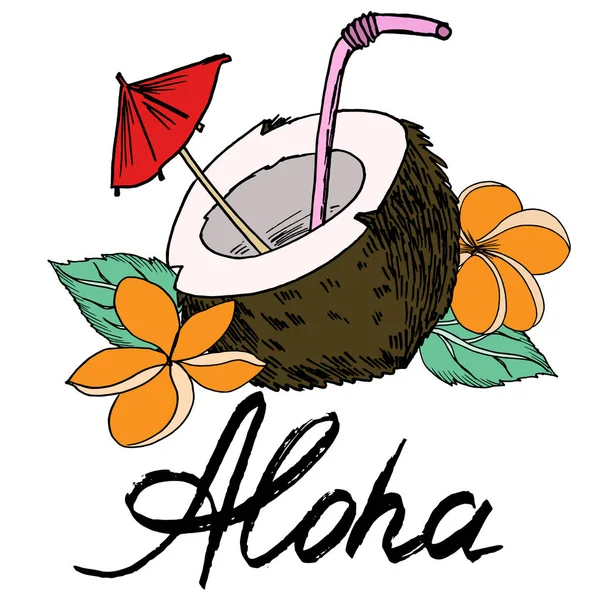 Iscrizione in cocco e aloha contorno nero e immagine vettoriale di riempimento a colori — Vettoriale Stock