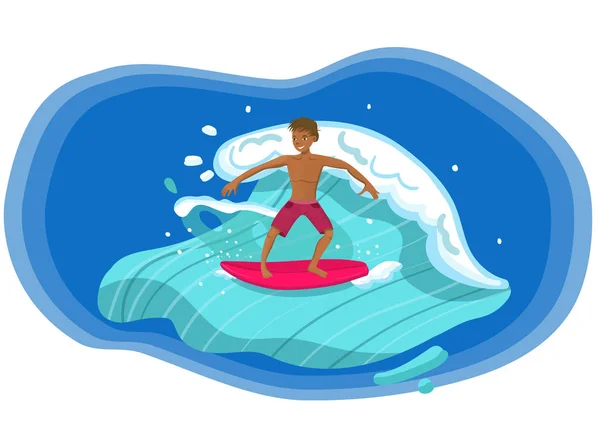 Surfista olas de conducción con imagen de vector de tablero rojo — Vector de stock