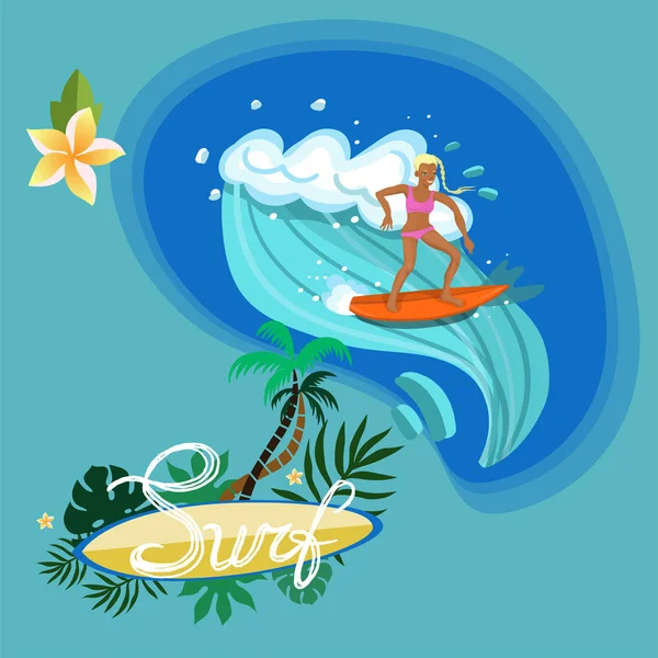 Surfista chica cabalgando el mar ondas vector de imagen — Vector de stock