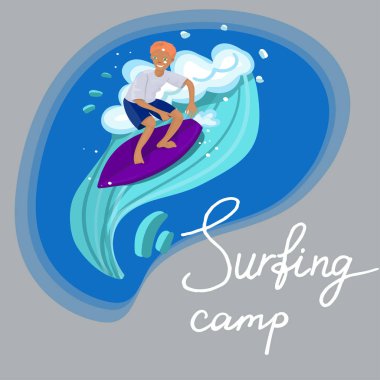 sörfçü t-shirt ve şort dalga vektör görüntü üzerinde yüzüyor