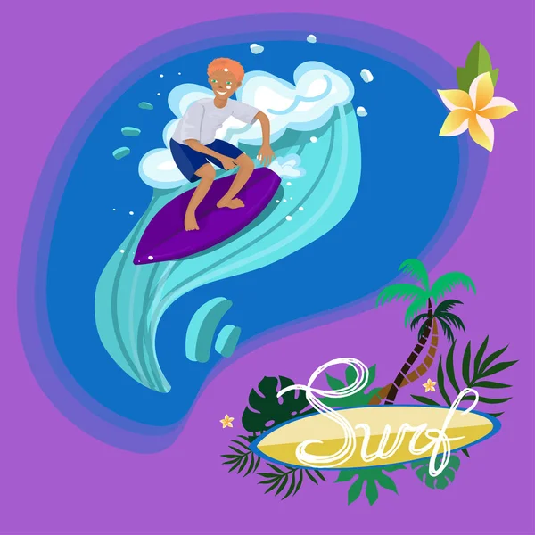 Surfer in t-shirt en shorts zwemt op de Golf vector afbeelding — Stockvector