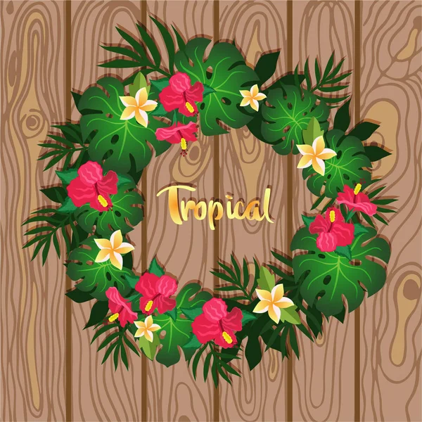 Couronne tropicale de plantes sur fond en bois image vectorielle — Image vectorielle