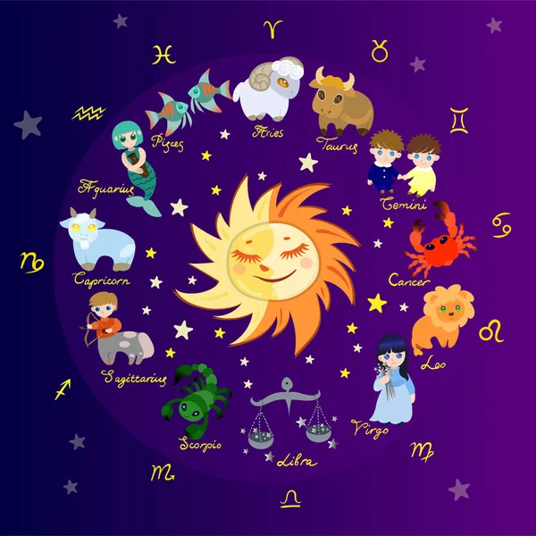 Colored zodiac circle with cartoon characters vector image — Stock Vector