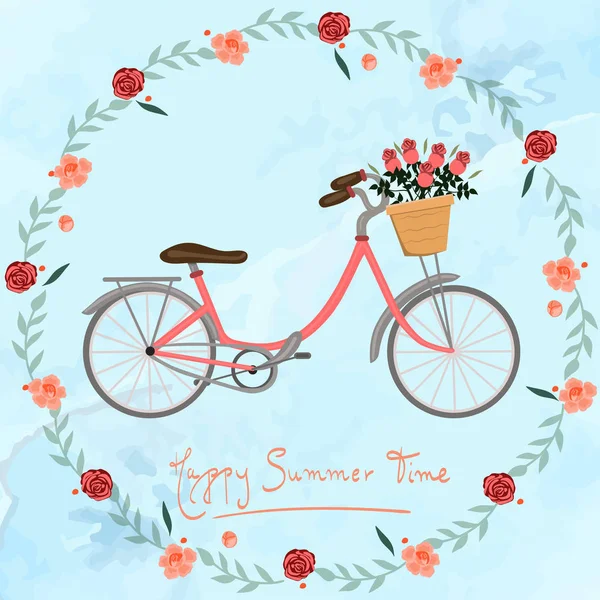 Postkarte glückliche Sommerzeit mit Fahrrad und Blumen Vektorbild — Stockvektor